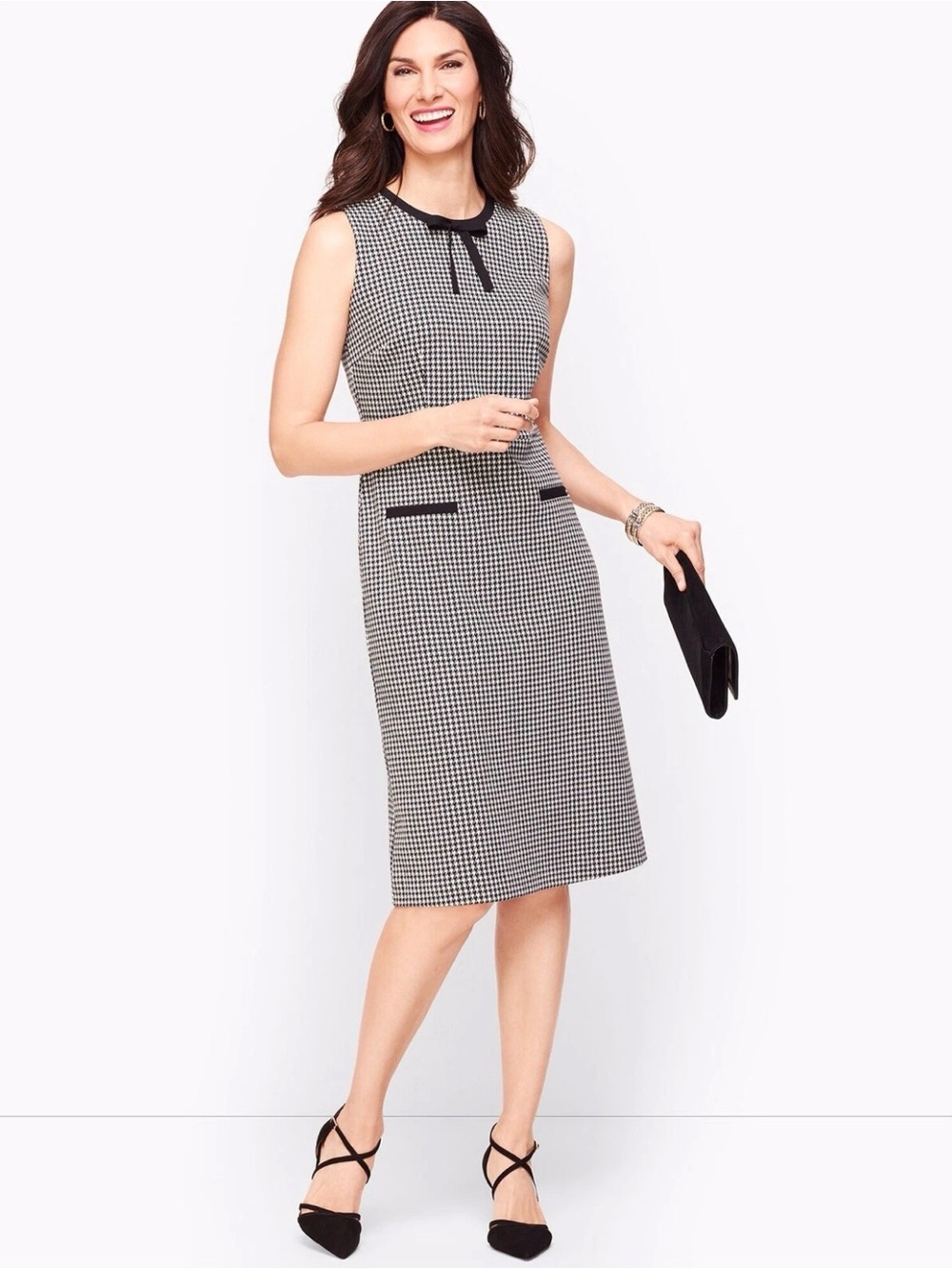 Talbots Tipped Ponte Tie Neck Dress Houndstooth Black White 8 New With Tags